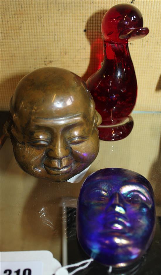 John Ditchfield Glasform Art glass mask (with gift bag), Whitefriars red glass duck & a Chinese bronze four-face Buddha